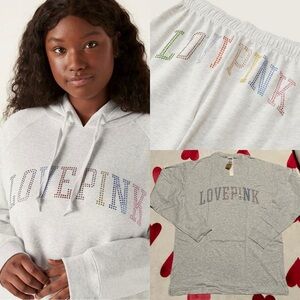 PINK Rainbow Bling Logo 3-Piece Set pullover hoodie, raw hem sweats, long sleeve
